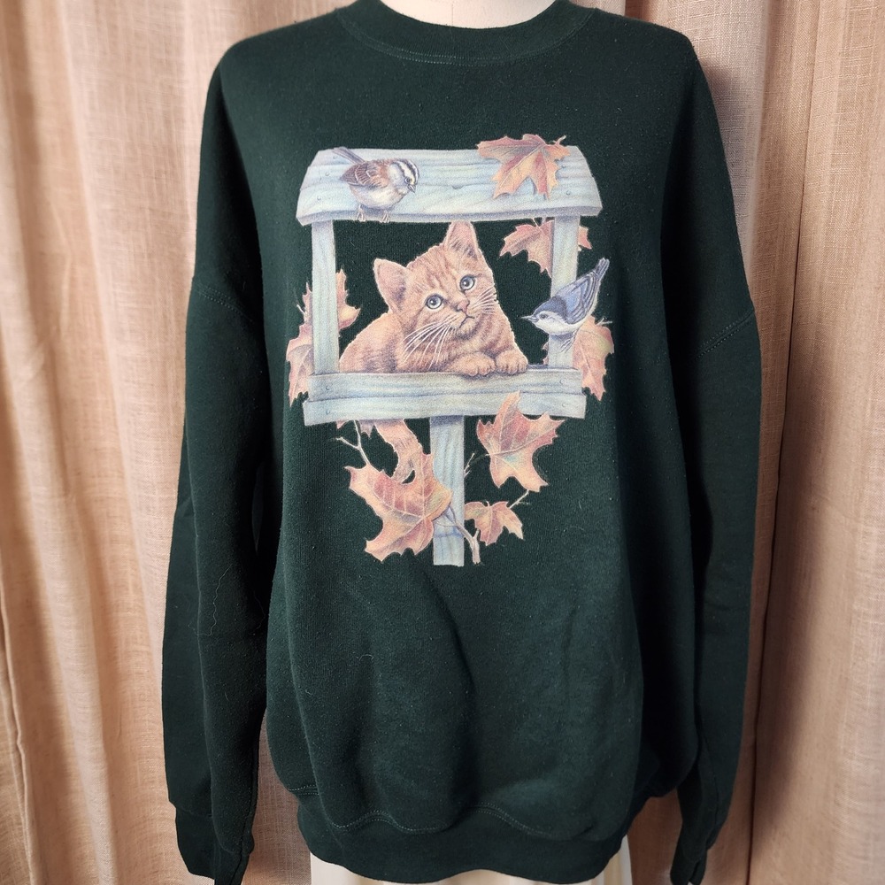 Vintage 90s Fruit of the Loom XXL Cat Bird Feeder Sweatshirt Fall Green